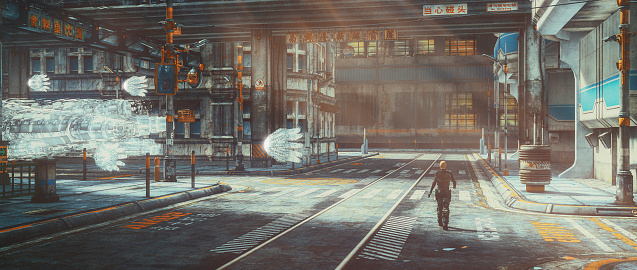 Man walking in abandoned futuristic city.
