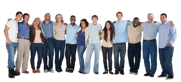 Diverse group of casual people with arms around each other.